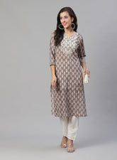 Yoke Embroidered Cotton Printed Kurti Pant Set